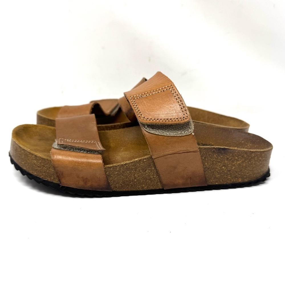 Plakton Brown Leather Double Strap Slide Sandals Cork Footbed Size 38 US 8